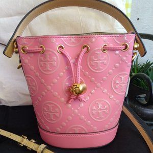 - NWOT Tory Burch Pink Embossed Leather Bucket Bag